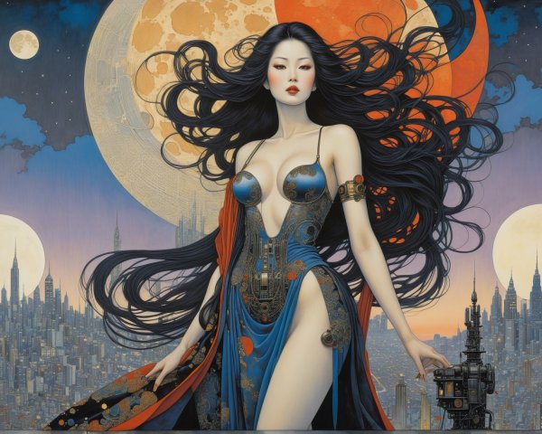 woman in ornate dress against a cosmic cityscape