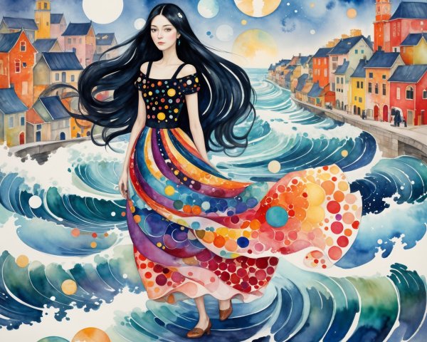 Serene Scene of a Woman in a Vibrant Dress by Waves