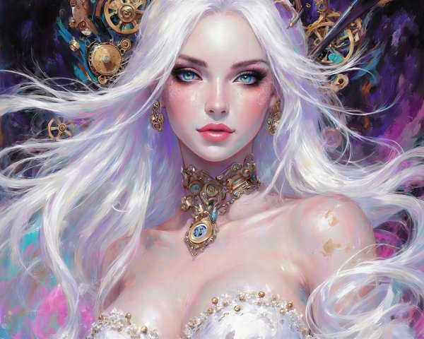 Hyper-realistic oil painting of a whimsical female portrait