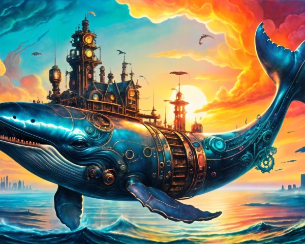 Steampunk Whale with Cityscape in Vibrant Ocean