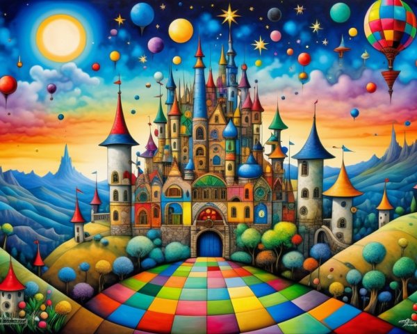 Vibrant Fairy-Tale Castle with Colorful Hot Air Balloons