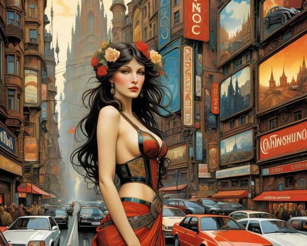 Confident Woman in Colorful Cityscape with Flowers