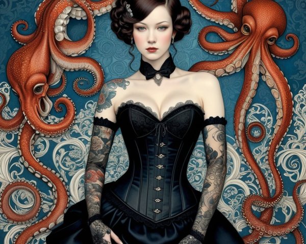 Woman in Corset Surrounded by Swirling Octopuses