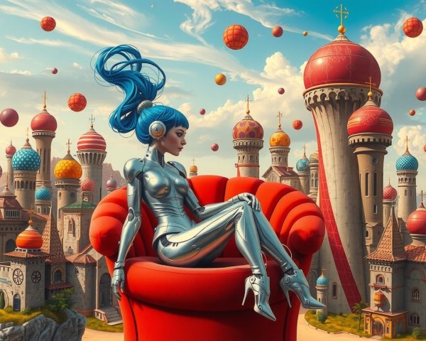 Surreal Landscape with Robot Girl in Red Armchair