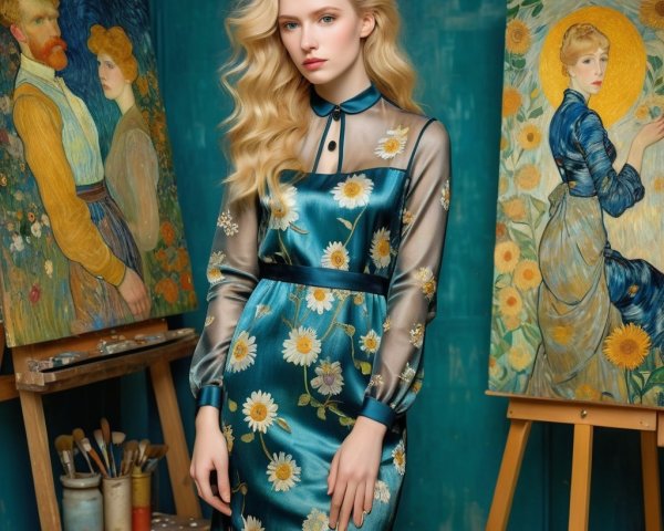 Young Woman in Teal Dress with Artistic Backdrop