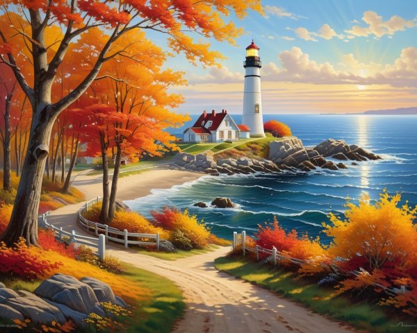 Autumn Coastal Landscape with Vibrant Lighthouse