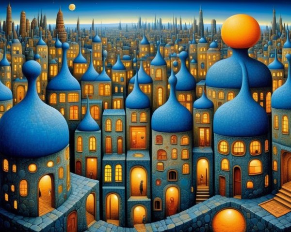 Whimsical Skyline with Dome-Topped Buildings at Twilight