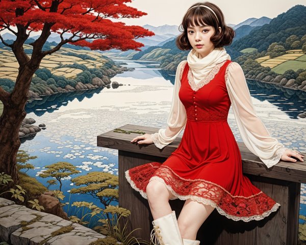Young Woman in Red Dress by Serene Riverbank