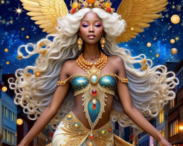 Majestic figure with golden wings and jewel-encrusted outfit