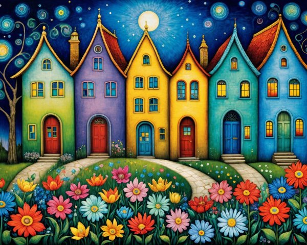 Whimsical Colorful Houses Under a Starry Night Sky