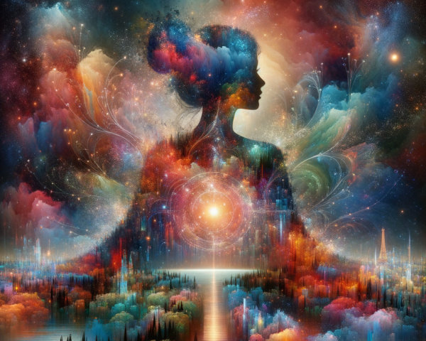 Cosmic Scene with Woman Silhouette and Colorful Clouds
