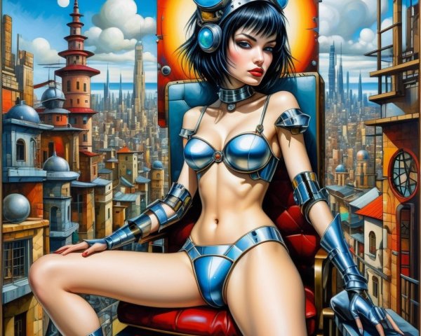 Futuristic Female Figure in Vibrant Cityscape Art