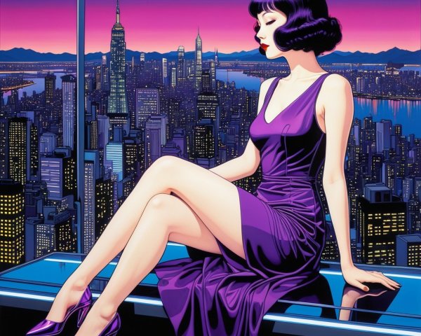 Stylized Woman in Purple Dress Overlooking City Skyline