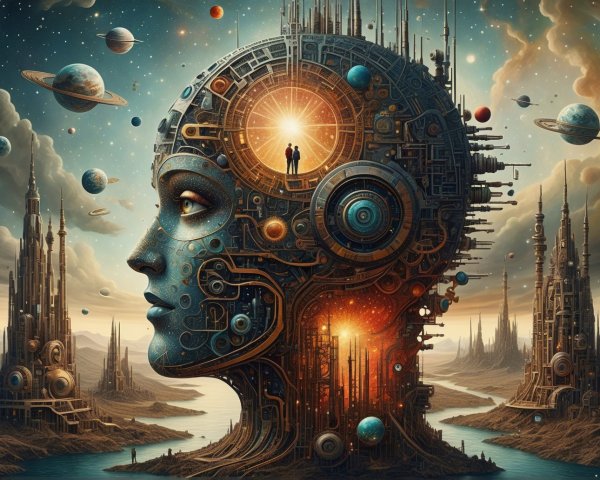 Colossal Robotic Woman's Head in a Fantastical Landscape