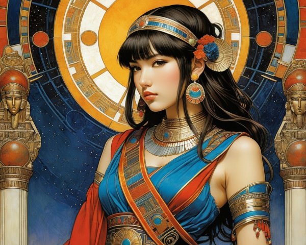 Portrait of a woman in vibrant ancient-inspired attire