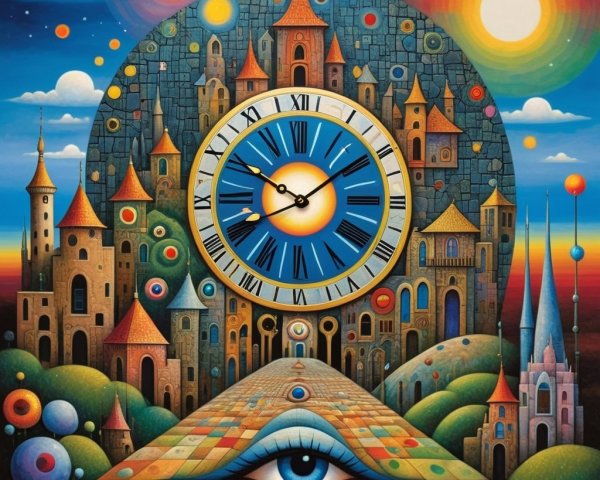 Surreal Landscape with Clock and Whimsical Elements