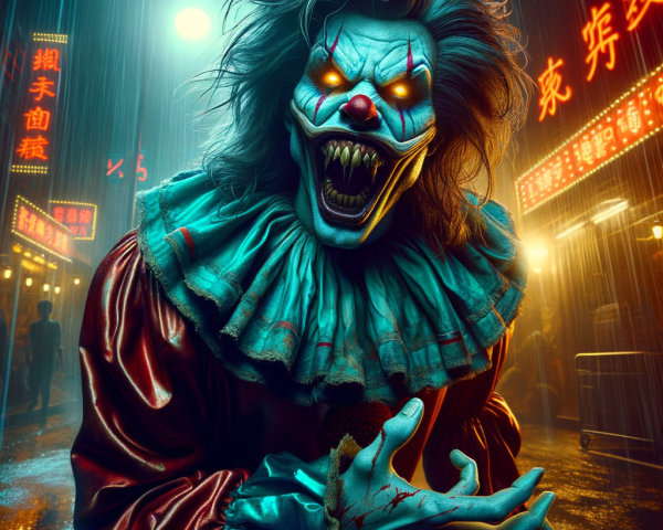Menacing Clown in Neon-Lit Rainy Alley Scene