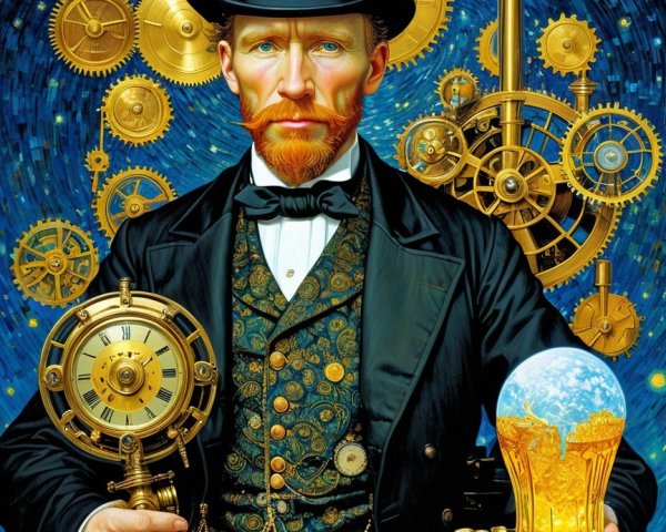 Steampunk Man with Red Beard and Clock Elements