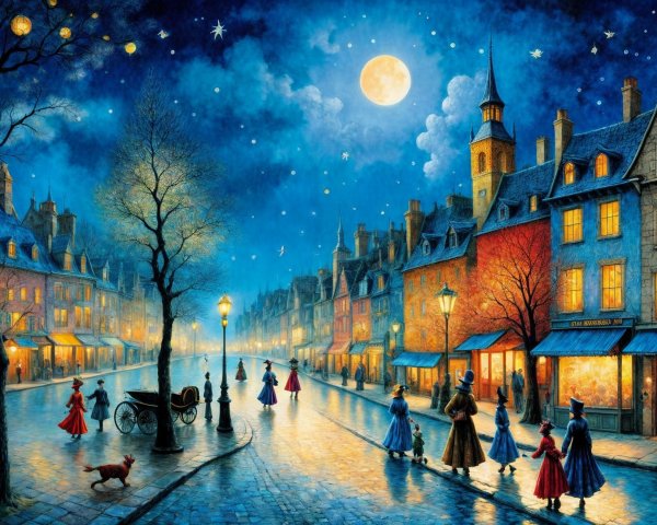 Charming Nighttime Scene of Historic Street with Lanterns