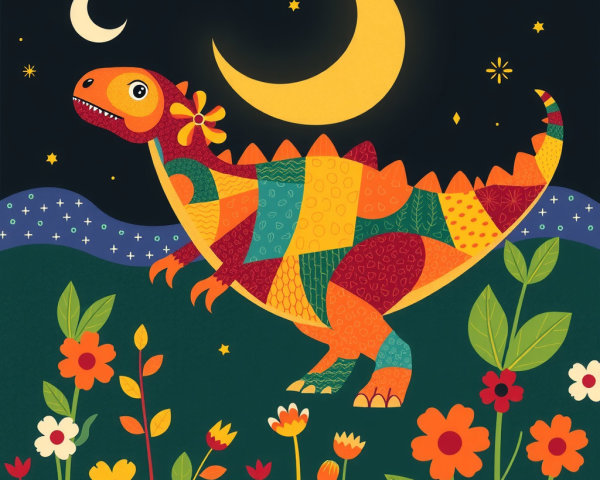 Whimsical Dinosaur Under Starry Night Sky