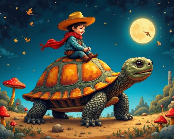 Boy in cowboy hat rides giant tortoise under stars