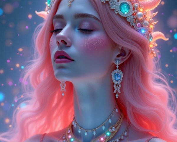 Ethereal figure with seashell crown and pink hair