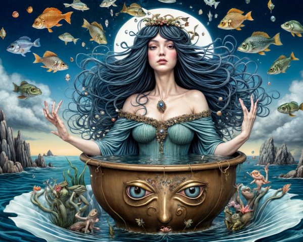 Mystical Woman in Ornate Bowl Surrounded by Water