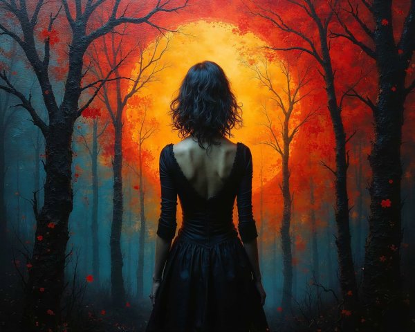 Woman in Black Dress Walking into Mystical Forest