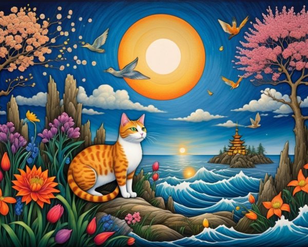 Serene Landscape with Cat, Flowers, and Sunrise