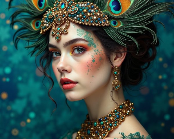 Elegant Woman with Peacock Feather Headpiece and Jewelry