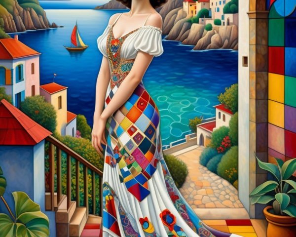 Woman in Colorful Dress at Scenic Coastal View