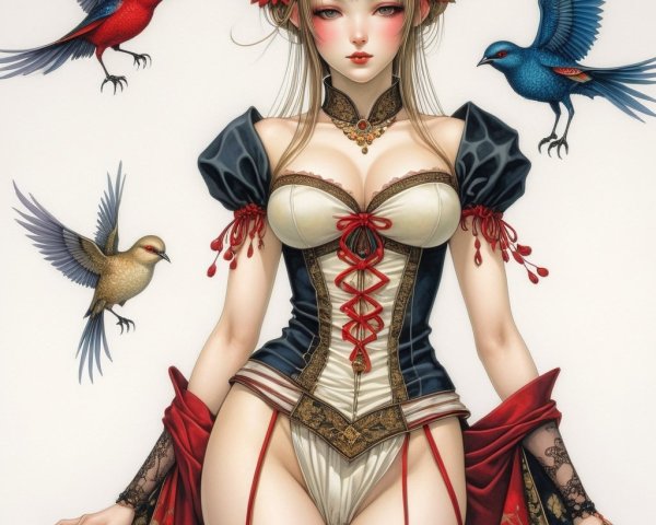 Fantastical Character in Ornate Outfit with Birds