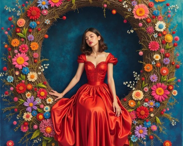Woman in Red Gown Surrounded by Floral Wreath