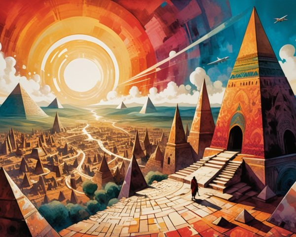 Vibrant Painting of an Alien City in a Canyon