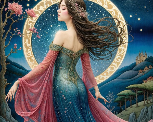 Serene Woman in Gown Against Starry Night Sky
