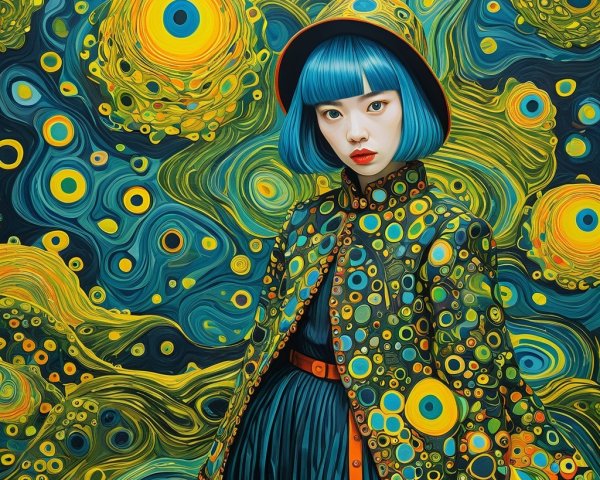 Young woman with blue hair in patterned coat against abstract background