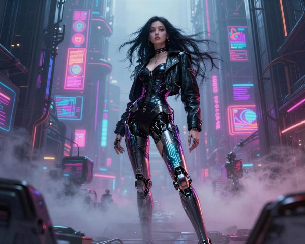 Futuristic Woman on Neon-Lit Street with Cybernetic Legs