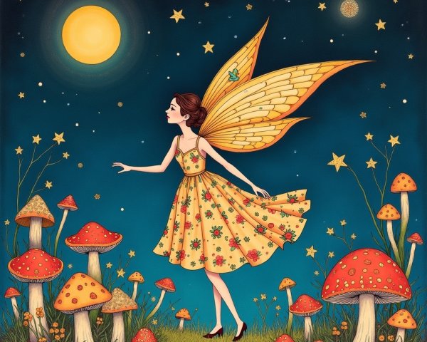 Fairy in a Colorful Mushroom Field Under Moonlight