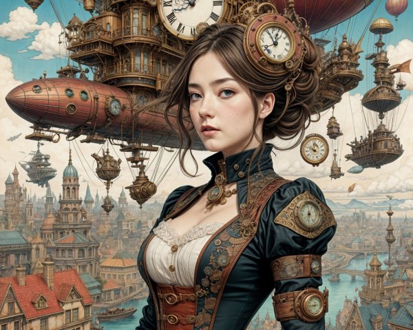 Young Woman in Elaborate Steampunk Outfit in Cityscape