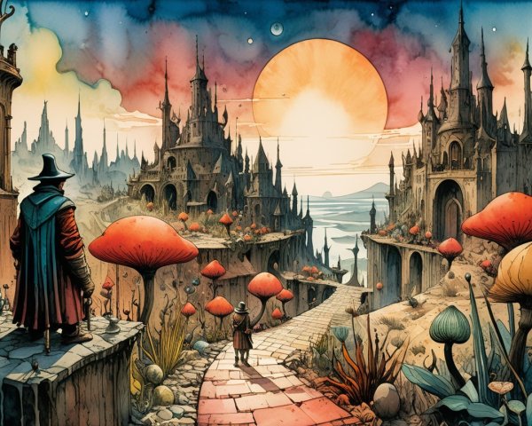 Fantastical Landscape with Castles and Vibrant Sunset