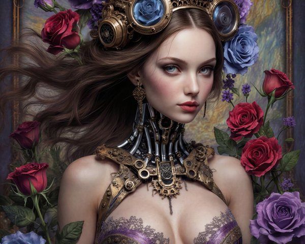 Detailed Steampunk Woman with Floral Crown and Choker