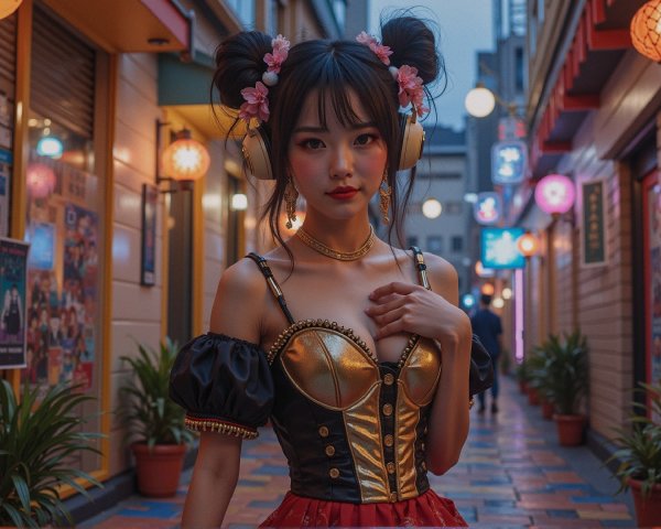 Young woman in vibrant alley with colorful lanterns