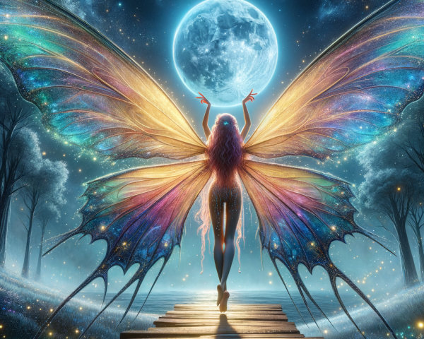 Ethereal Figure with Butterfly Wings Under Full Moon