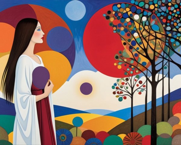 Vibrant Landscape with Woman in White Gown and Trees