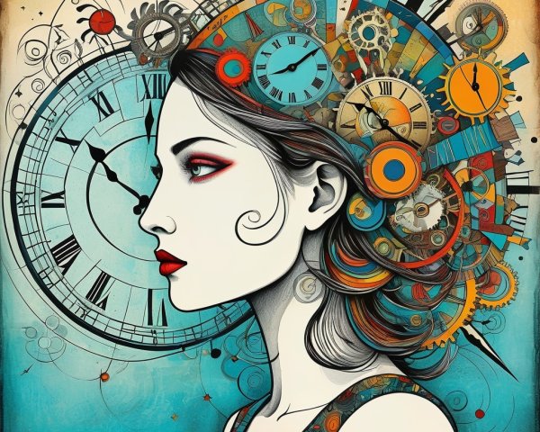 Profile of a Woman with Gears and Clock Elements