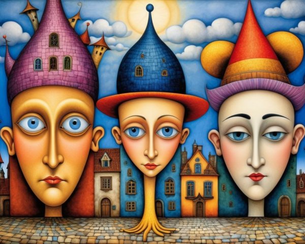 Surreal Figures with Oversized Heads and Hats
