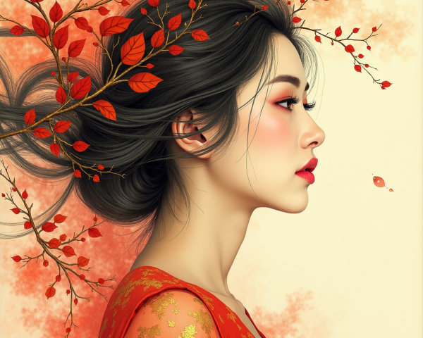 Elegant Woman Adorned with Autumn Leaves and Branches