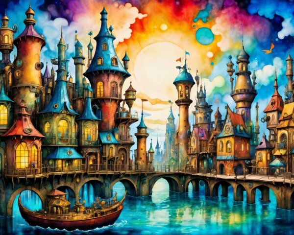 Vibrant Cityscape with Colorful Towers and Waterfront