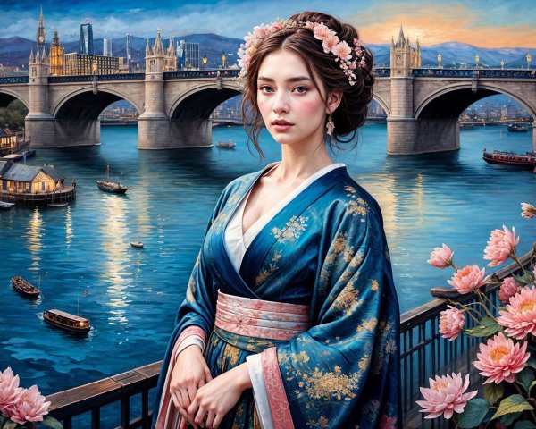 Young Woman in Blue Kimono by Riverside at Dusk