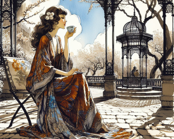 Woman in ornate kimono sipping tea in serene gazebo